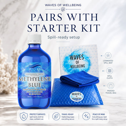 Waves of Wellbeing 250ml Methylene Blue pairs with the Starter Kit spill mat and cloth