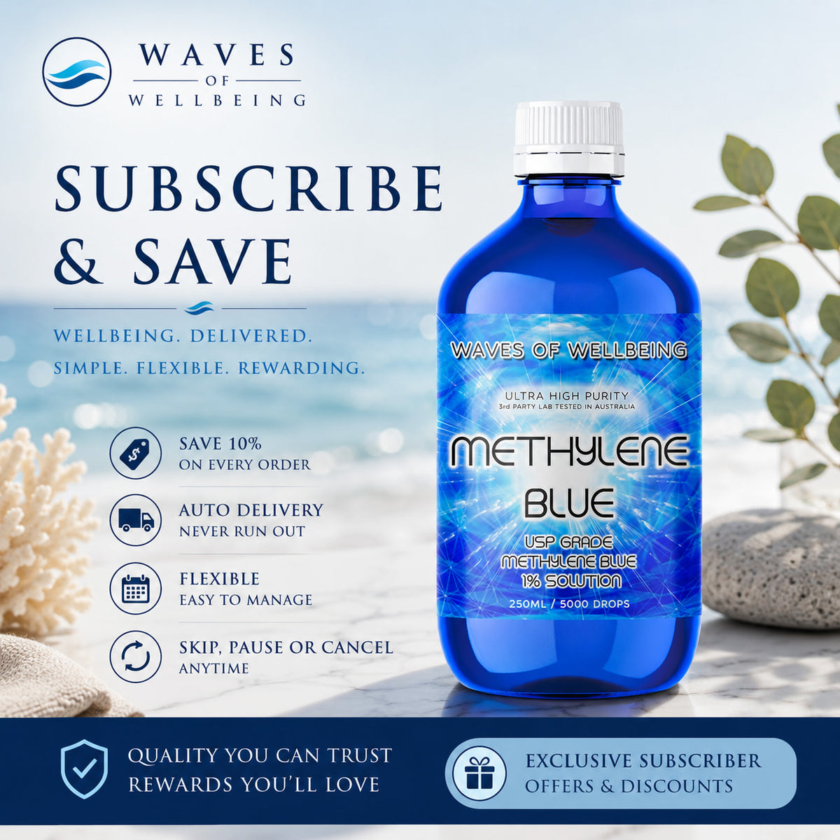 Waves of Wellbeing 250ml Methylene Blue Subscribe & Save — 10% off every order, auto delivery, flexible scheduling, skip or cancel anytime