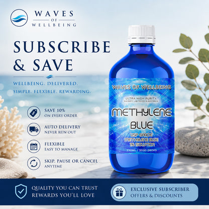 Waves of Wellbeing 250ml Methylene Blue Subscribe & Save — 10% off every order, auto delivery, flexible scheduling, skip or cancel anytime