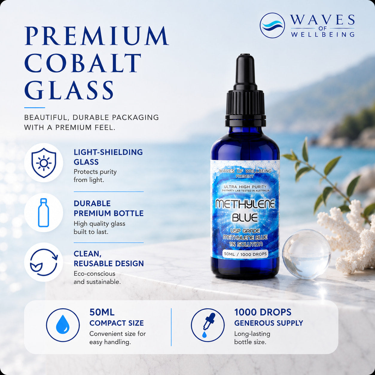 Waves of Wellbeing 50ml Methylene Blue bottle in premium light-shielding cobalt glass