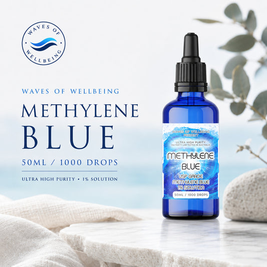 Waves of Wellbeing 50ml Methylene Blue 1% solution bottle on marble with linen and eucalyptus