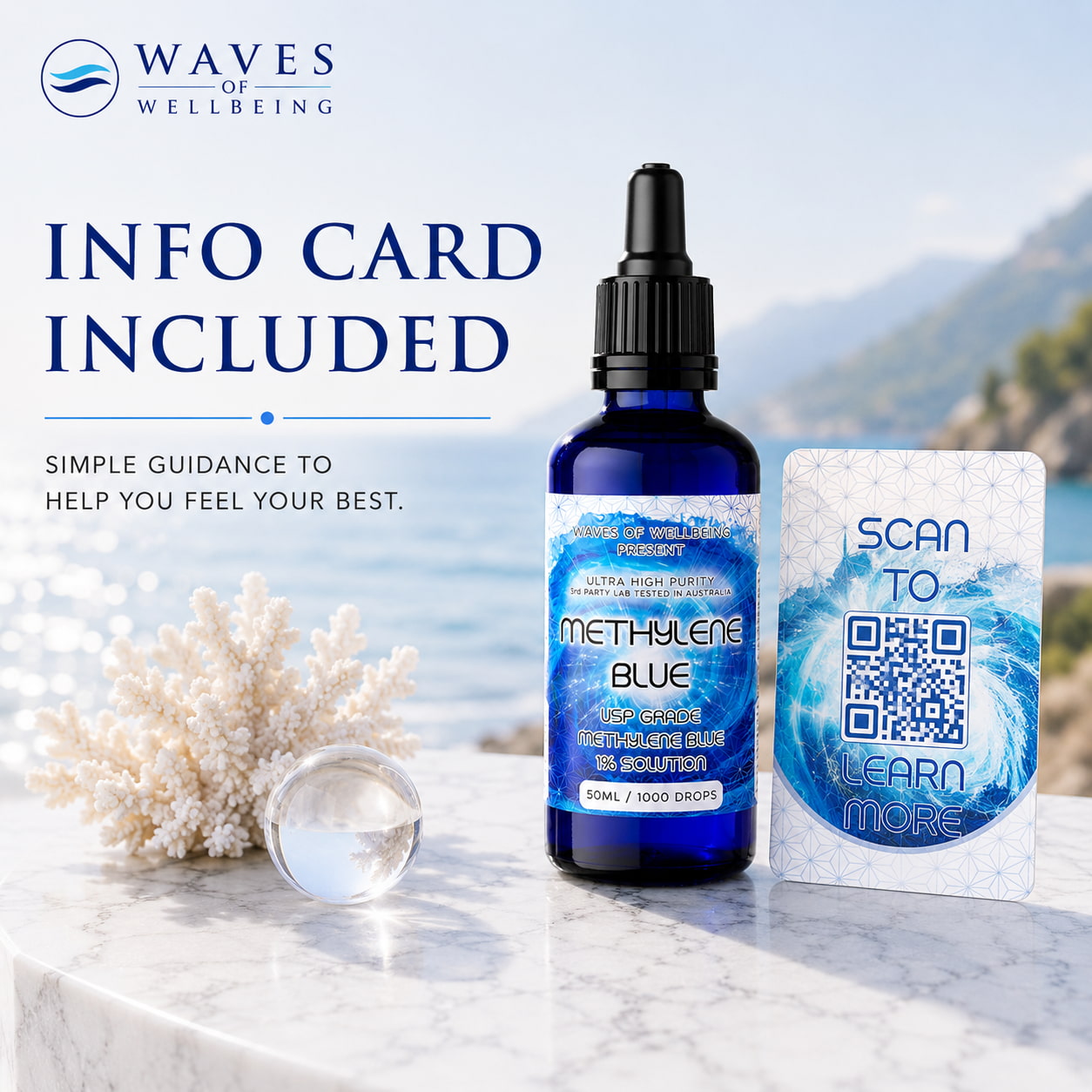 Waves of Wellbeing Methylene Blue 50ml bottle with included info card and QR code
