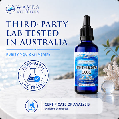 Waves of Wellbeing Methylene Blue 50ml third-party lab tested in Australia badge