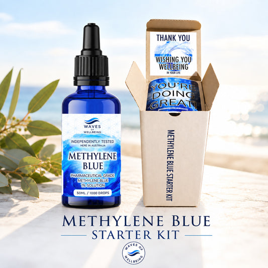 Waves of Wellbeing Methylene Blue Starter Kit, 50ml bottle with gift box on a coastal background