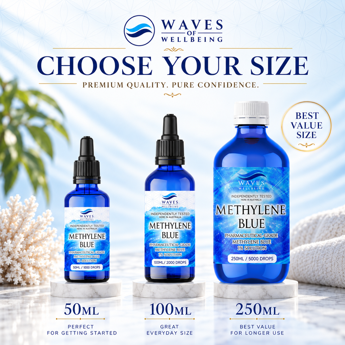 Waves of Wellbeing Methylene Blue sizes: 50ml, 100ml and 250ml, with 250ml marked best value