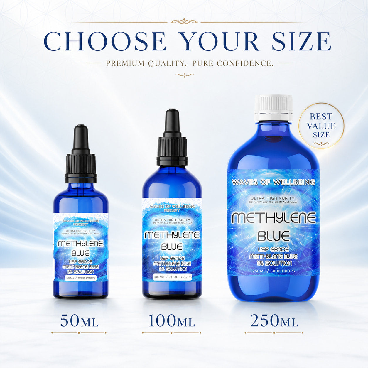 Waves of Wellbeing methylene blue available in 50ml 100ml and 250ml - premium quality pure confidence