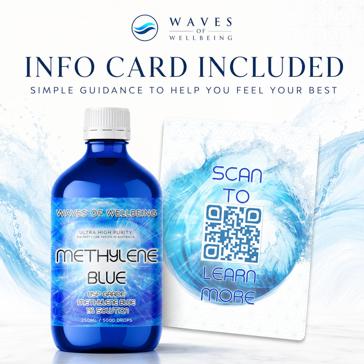 Waves of Wellbeing methylene blue with info card included - simple guidance for everyday use