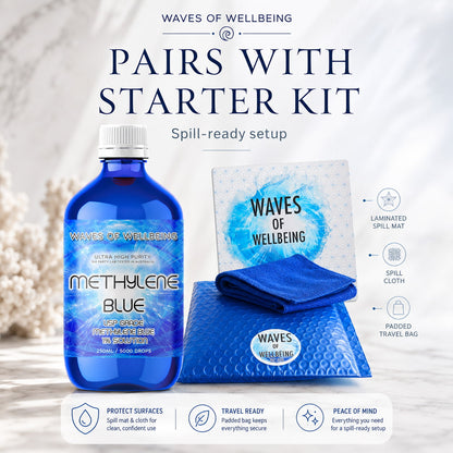 Waves of Wellbeing methylene blue pairs with starter kit - spill-ready setup
