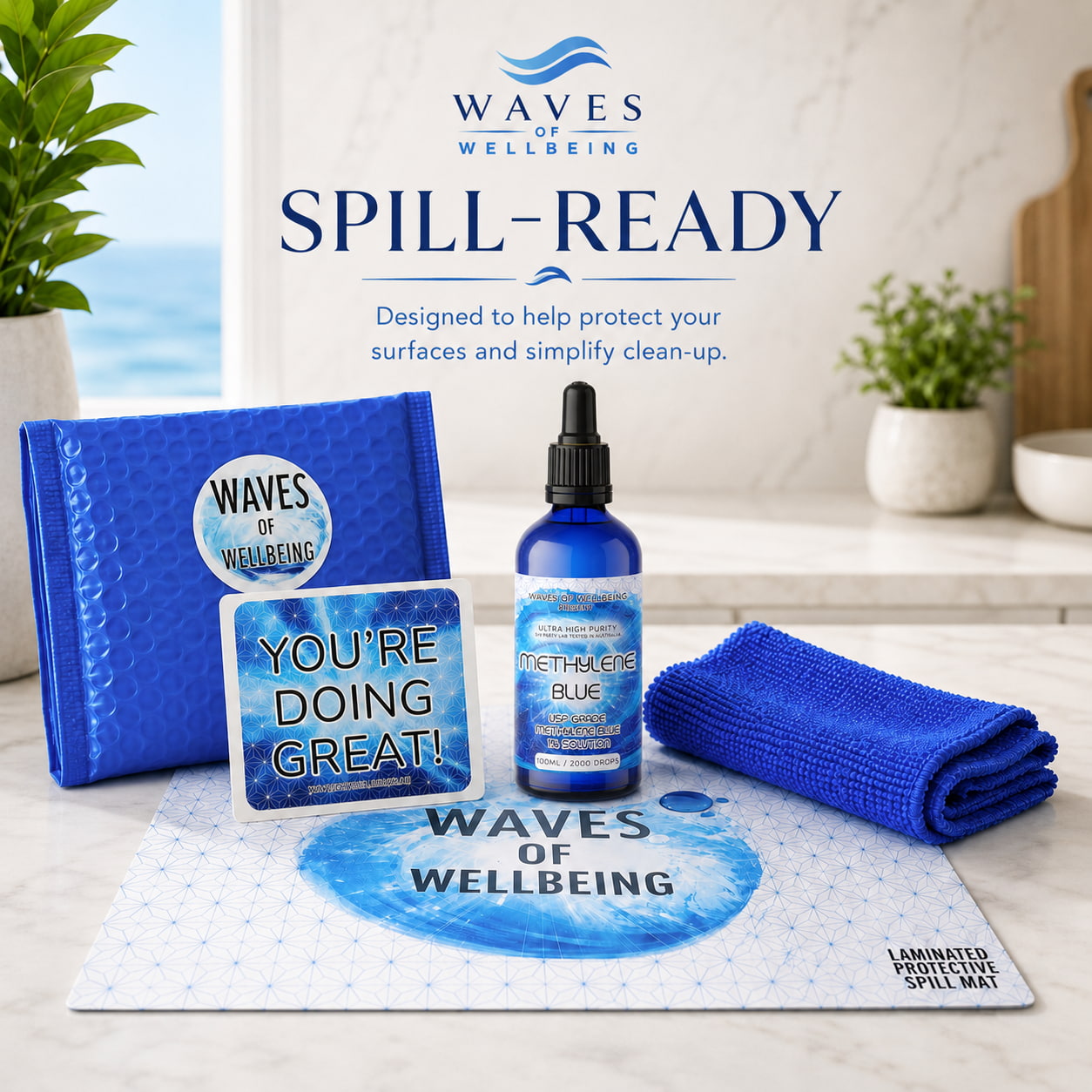 Waves of Wellbeing Methylene Blue Starter Kit — spill mat, microfibre cloth and bubble mailer designed to protect surfaces and simplify clean-up