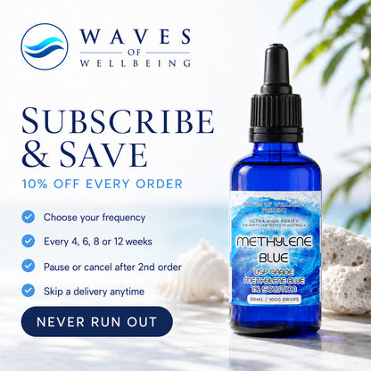 Waves of Wellbeing methylene blue subscribe and save 10% off every order - choose frequency pause or cancel after 2nd order