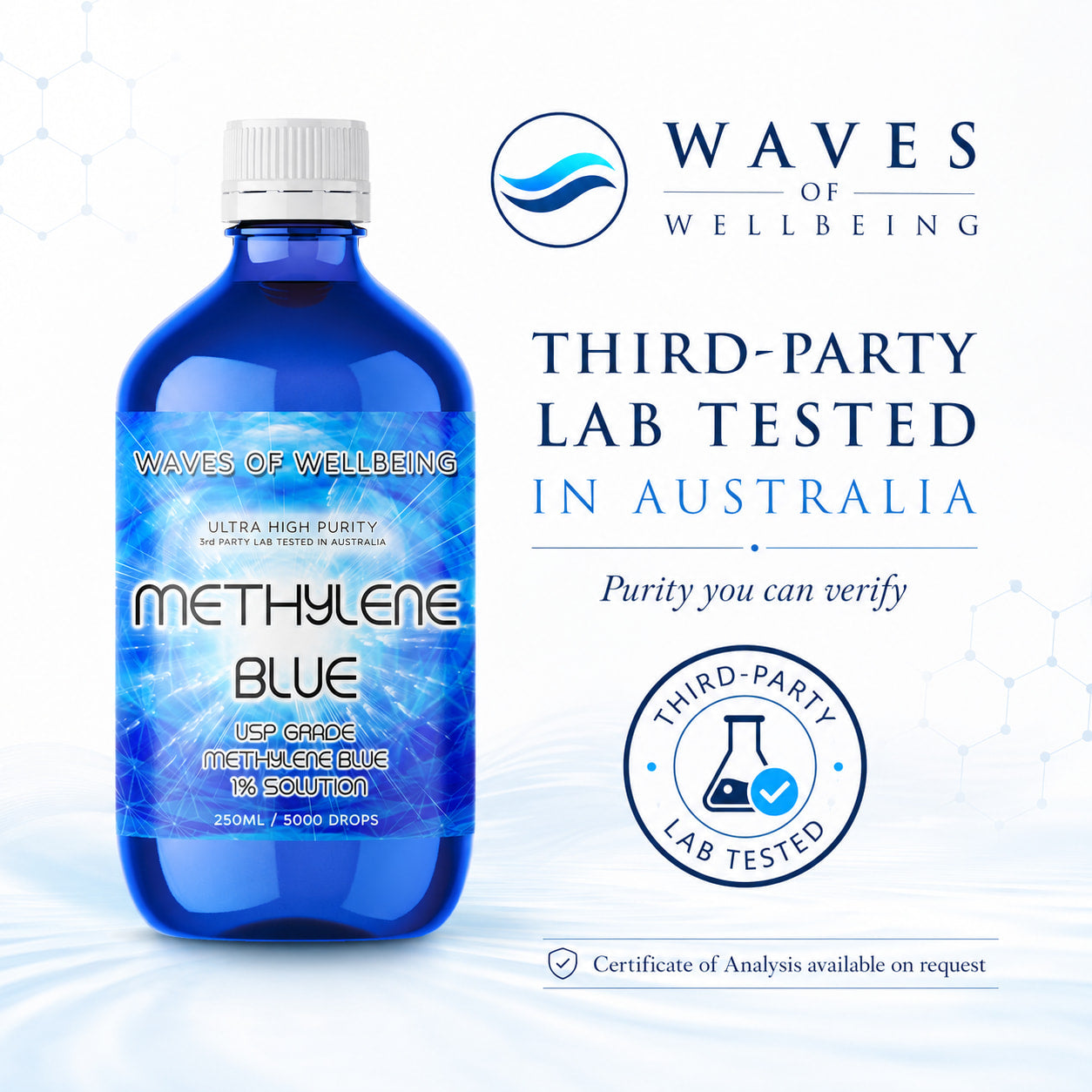 Waves of Wellbeing methylene blue third-party lab tested in Australia - purity you can verify
