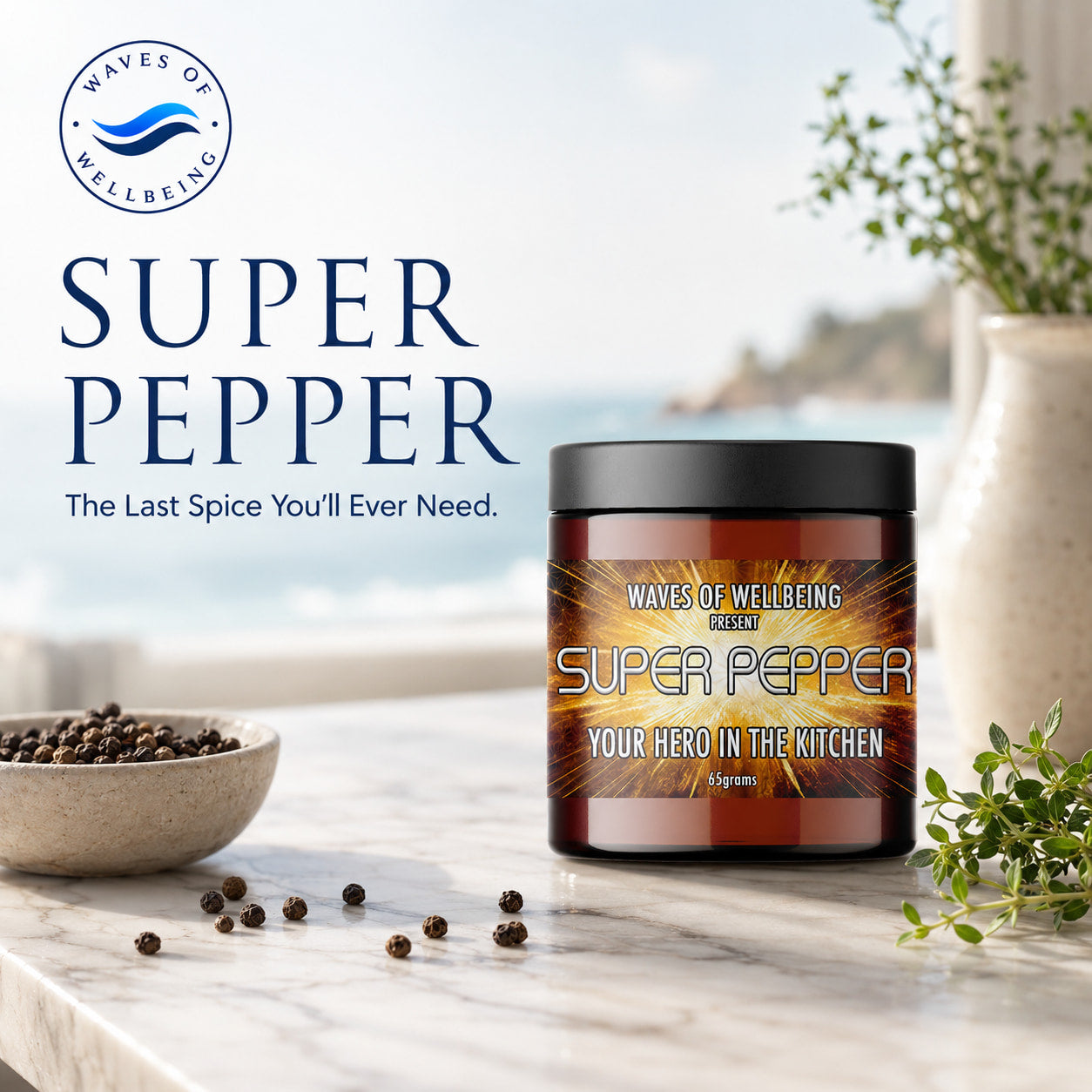 Waves of Wellbeing Super Pepper jar on marble with a coastal background — the last spice you'll ever need