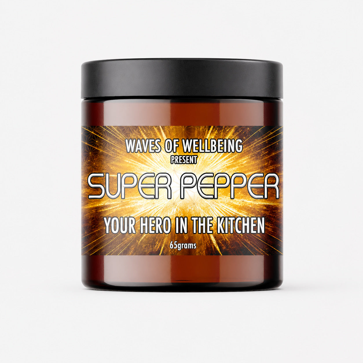 Waves of Wellbeing Super Pepper jar on a plain white background