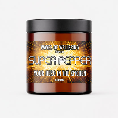 Waves of Wellbeing Super Pepper jar on a plain white background
