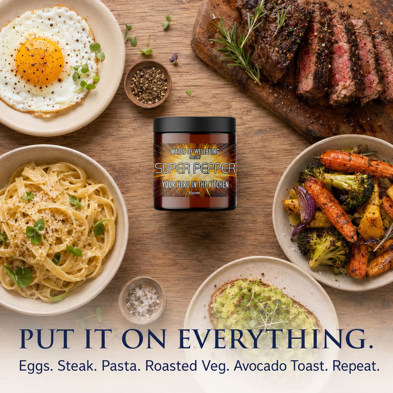 Waves of Wellbeing Super Pepper jar surrounded by eggs, steak, pasta, roasted vegetables and avocado toast