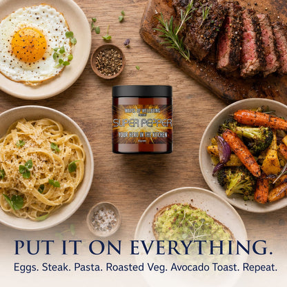 Waves of Wellbeing Super Pepper jar surrounded by eggs, steak, pasta, roasted vegetables and avocado toast