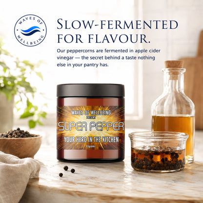Waves of Wellbeing Super Pepper — peppercorns fermented in apple cider vinegar for a distinctive flavour