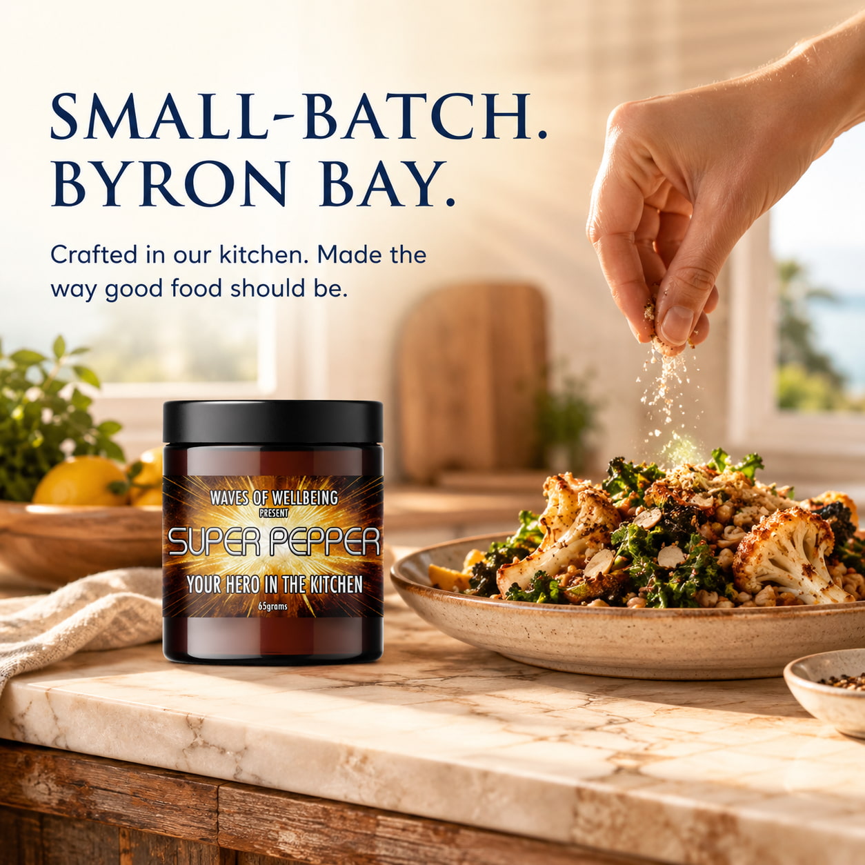 Waves of Wellbeing Super Pepper being sprinkled over roasted vegetables and grains — crafted in our kitchen in Byron Bay